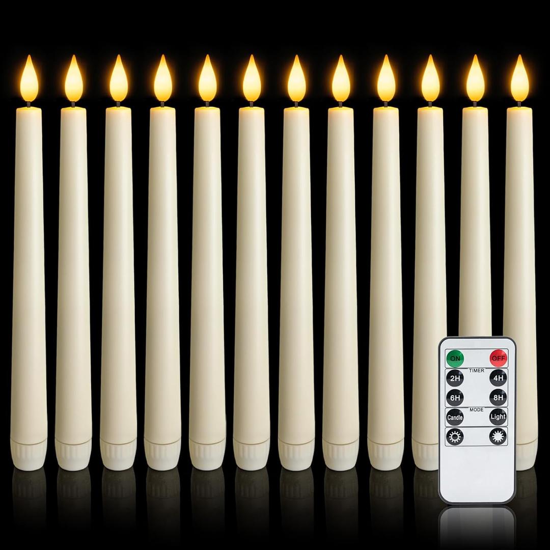 12 Pcs Flameless Taper Candles with Remote, Timer, Plastic Battery Operated Window Candles, 9.6 Inches Ivory LED Candlesticks, for Halloween Christmas Home Decoration