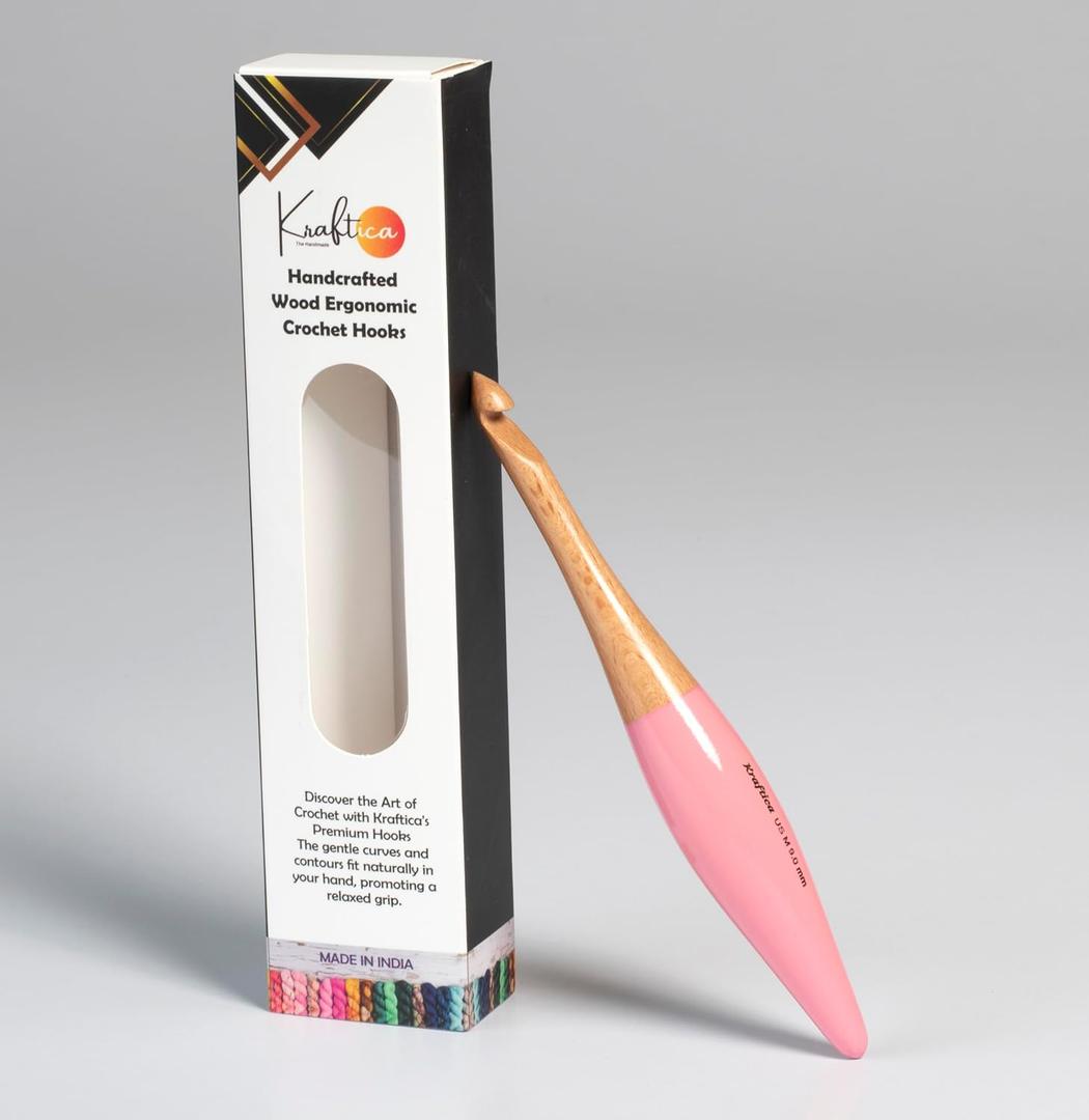 Kraftica Ergonomic Wooden Crochet Hooks Designed for Relaxation and Stress Relief Smooth Finish Accurate Sizing on Each Hook. 7 Inchies (Beech Wood Pink, US N / 10.0mm)