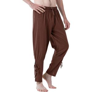 Men's Pure Cotton Vintage Ankle Banded Pants for Renaissance Pirate Viking Medieval Costume (Small, Brown)