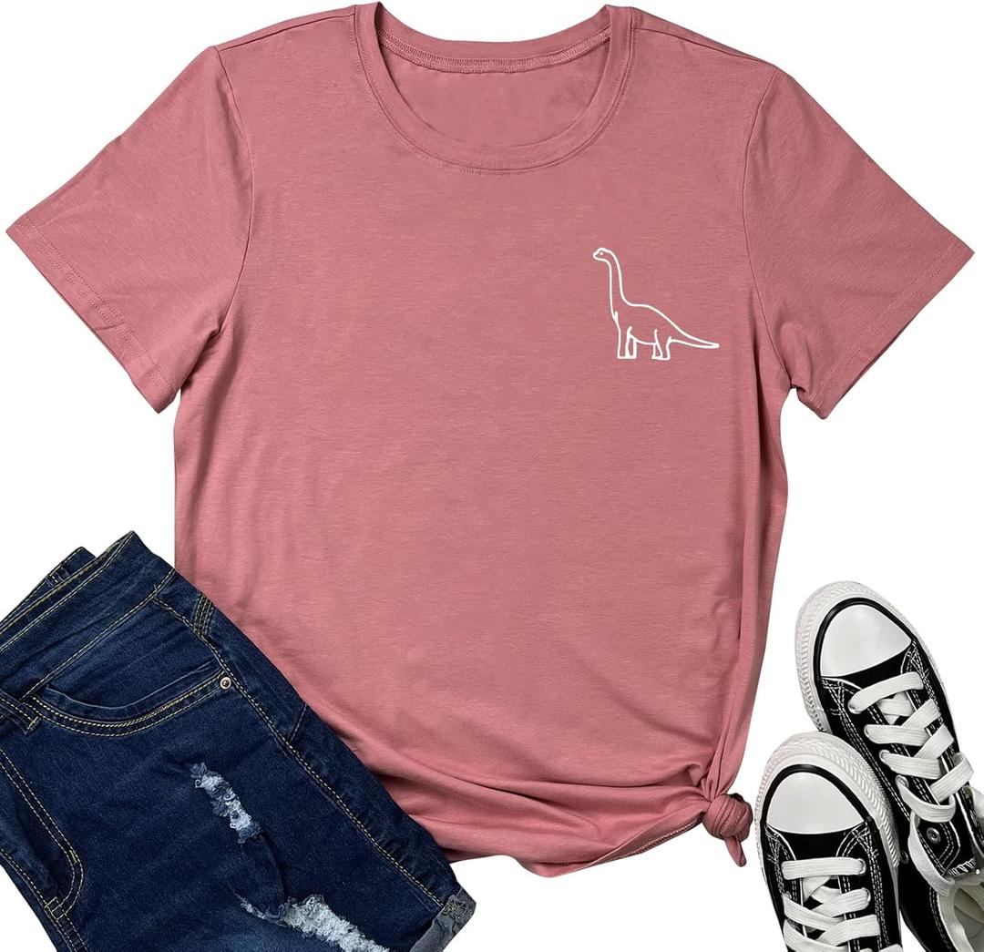 ROSEPARK Women Cute Dinosaur Graphic T-Shirts Teen Girls Funny Tees (Large, Mauve)