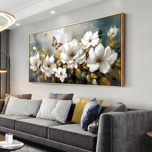 Wall Art Modern Flower Artwork Paintings White Blossom Gold Leaf Butterfly Landscape Picture wall Decor for Living Room Bedroom Kitchen 20"x40" with Framed