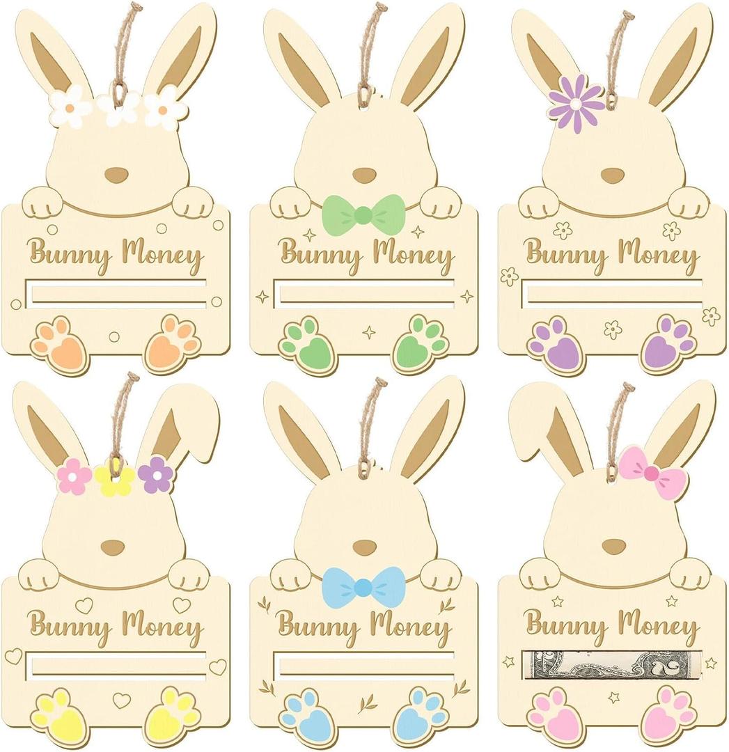 12Pcs Easter Bunny Money Holder for Cash Gift Wooden Rabbit Gift Card Cash Holder Tag Cute Bunny Basket Stuffer for Easter Holiday Money Tree Ornament Table Centerpiece Decor for Grandchildren