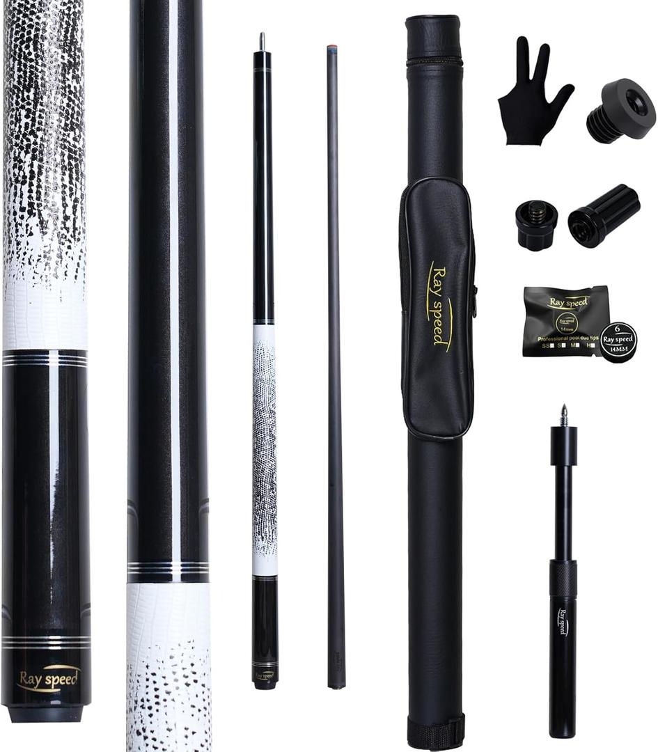 Carbon Fiber Pool Cue Stick 12.5mm Rainbow Tip Low Deflection Pool Stick with Uni-loc Pin Joint and Extension Pool Stick-20 oz (White)