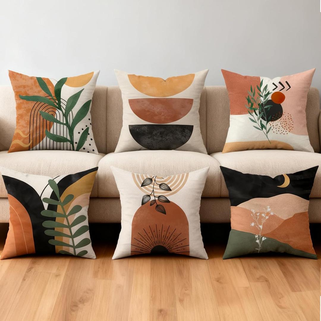 Boho Mid Century Modern Throw Pillow Covers Set of 6, Sun Moon Leaves Arch Abstract Home Decor Bohemian Decorative Cushion Covers 18"X18"