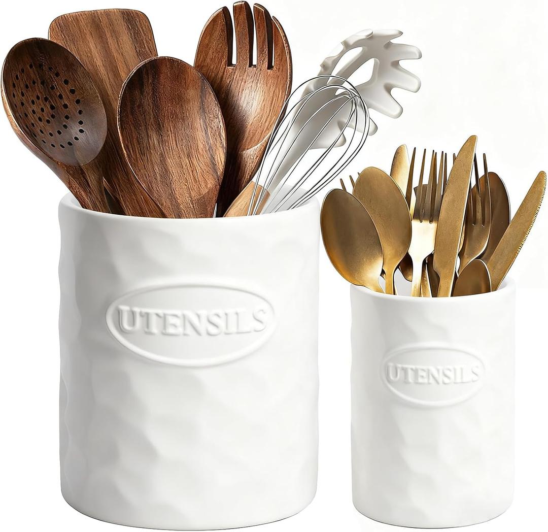 White Utensil Holder Set of 2 Ceramic Cooking Utensil Crock Modern Kitchen Utensil Organizer for Countertop Spatula Spoon and as a Decorative Vase for Housewarming Gift