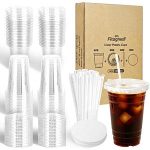 100 Packs 16oz Clear Plastic Cups with Lids, Straws, and Leak-Proof Paper - Complete To-Go Disposable Cup Kit for Iced Coffee, Smoothies,Cold Drinks & Boba Tea