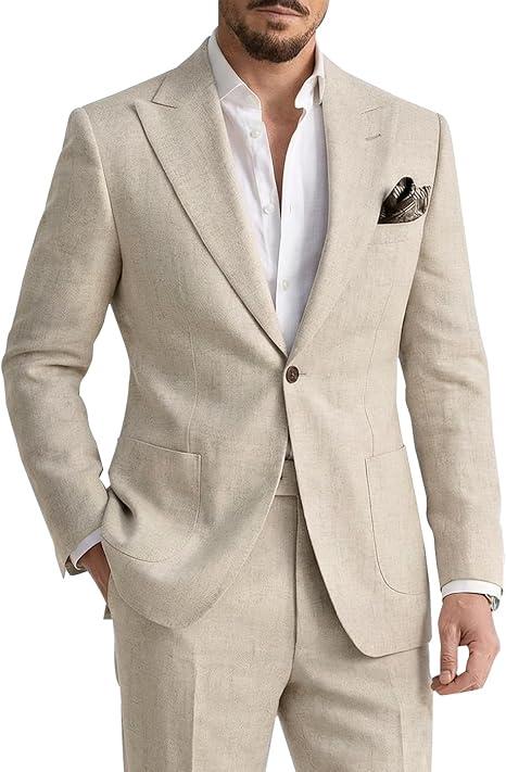 Men's 2 Pieces Linen Suits Casual Lightweight Summer Beach Groom Wedding Suit Linen Blazer Pants Set, Beige XXXL