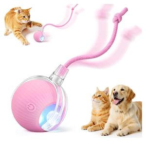 Interactive Electric Automatic Rolling Moving USB Rechargeable Self Activated Play Stimulation Toy Smart Chase Teaser Ball with Speedy Tail Rope for Bored Adult Indoor Cats and Dogs, Pink