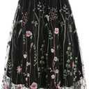 Women Vintage Floral Embroidered Tulle Midi Skirt 50s Party Elastic High Waist A-line Swing Skirts