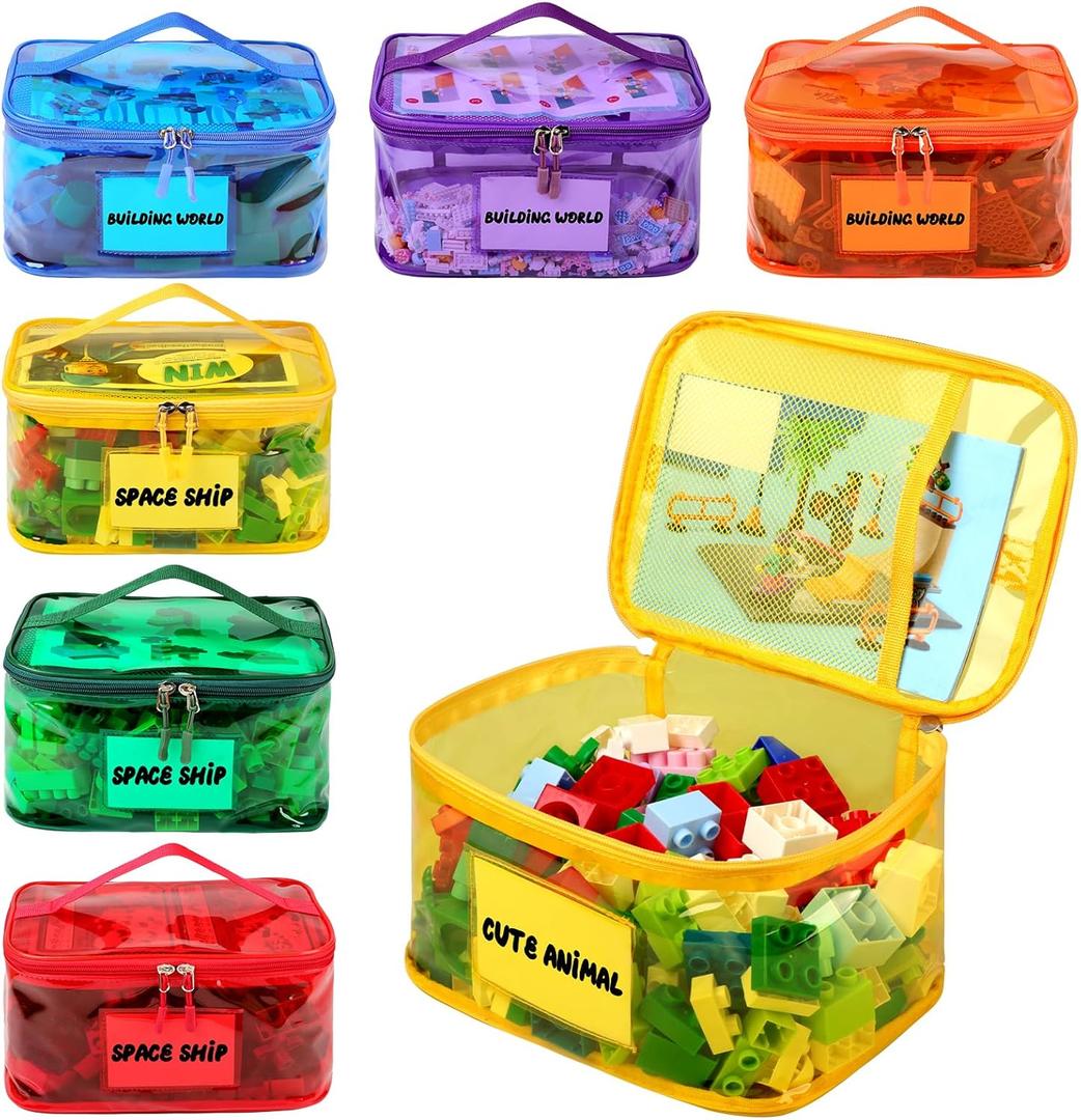 6 Pack Clear Toy Storage Bag with Name Tag& Manual Pocket, Waterproof Transparent PVC Toy Organizer Case for Lego Bricks, Board Games, Building Blocks, Puzzles (Large Capacity, Full Colourful)