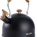 Tea Kettle, BELANKO 85 OZ / 2.5 Liter Whistling Tea Kettle, Tea Pots for Stove Top Food Grade Stainless Steel with Wood Pattern Folding Handle, Loud Whistle Kettle for Tea, Coffee, Milk  Black