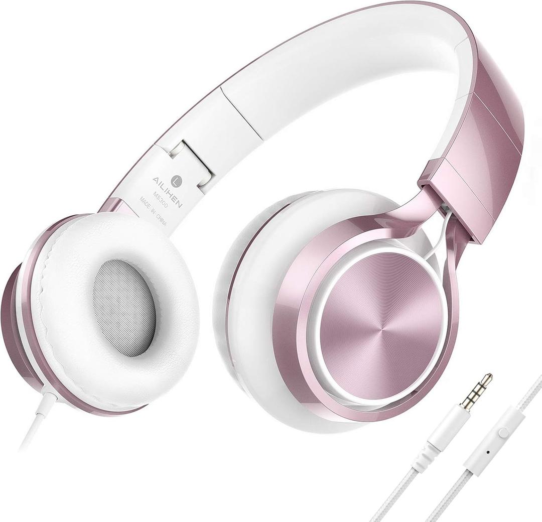 AILIHEN Wired Headphones with Mic, Girls Headphones for School, On-Ear Headsets for Chromebook Laptop Computer, Foldable Adjustable Teen Kids, Plug in Corded Headsets with 3.5mm Jack (Rose Gold) (Medium, Pink)