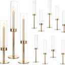 Hewory Gold Candle Holders Hurricane Candlestick Holders, 12Pcs Candle Stick Candle Holder Candelabra, Taper Candle Holders with Glass Candle Cover for Wedding Table Centerpiece Christmas Decor