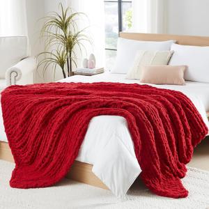 L'AGRATY Chunky Knit Blanket Throw - Soft Chunky Throw Blanket 50x60: 100% Hand Knitted Chenile Crochet Blanket Large Cable Knit Chunky Blanket - Rope Knot Throw Blanket for Couch Home Decor(Red)