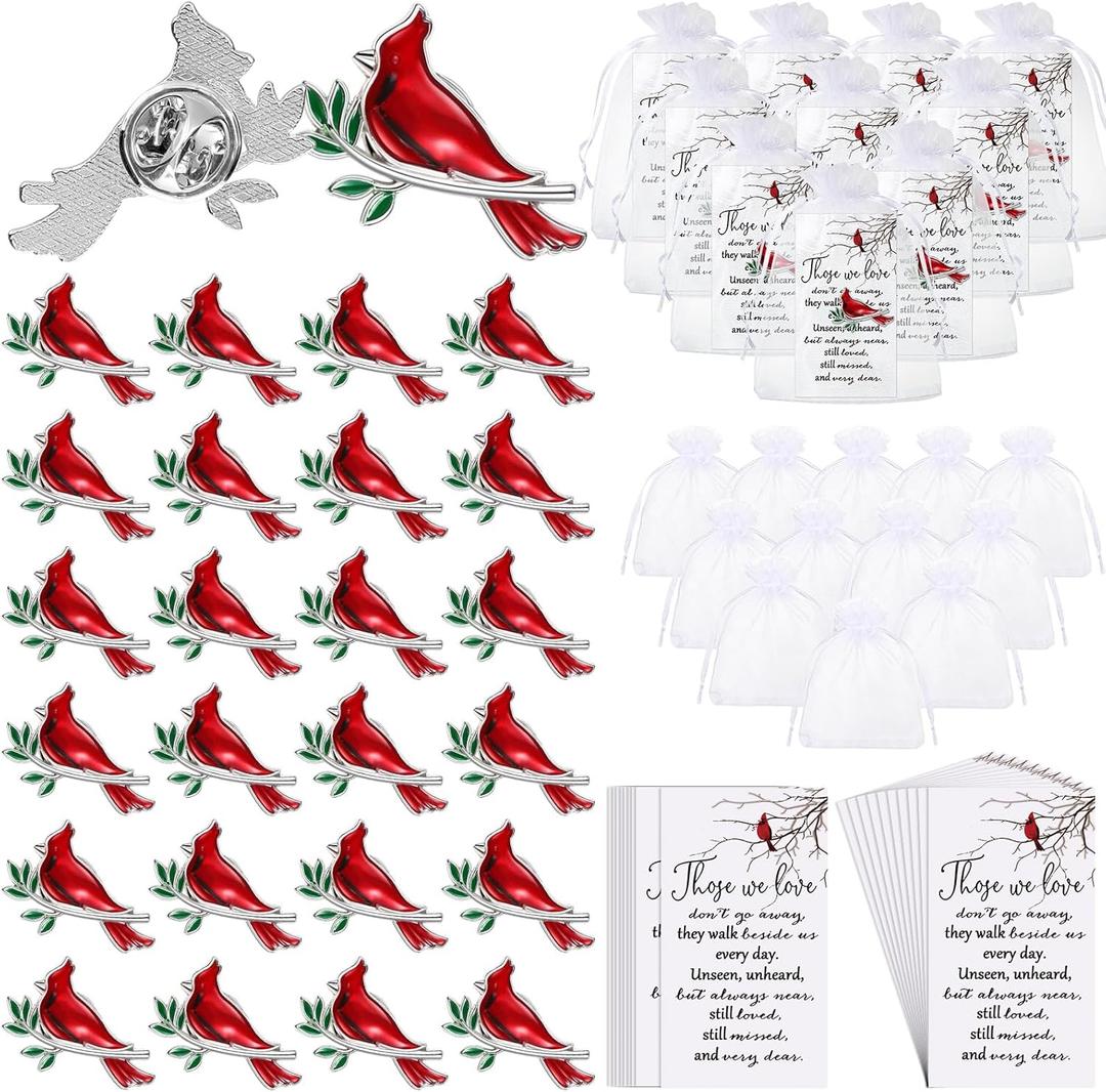 Jexine 240 Pcs Cardinal Pin Sets Funeral Favors Bulk Celebration of Life Favors Include 80 Cardinal Pins, 80 Memorial Cards, 80 Gift Bags Those We Love Do Not Go Away Funeral Gifts for Guests(Classic)