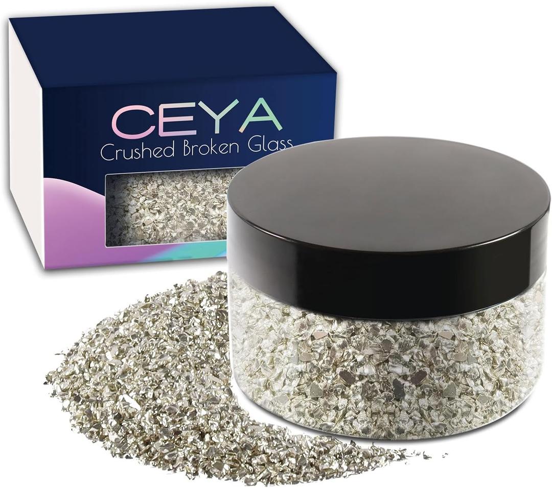 Ceya 5.3oz/ 150g Crushed Irregular Glass Silver Metallic Crystal Chips Broken Glass Glitter 2-4mm Craft Glitter for Nail Arts Epoxy Resin Mold Coasters Ornament Painting Geode Phone Case Jewelry, Silver