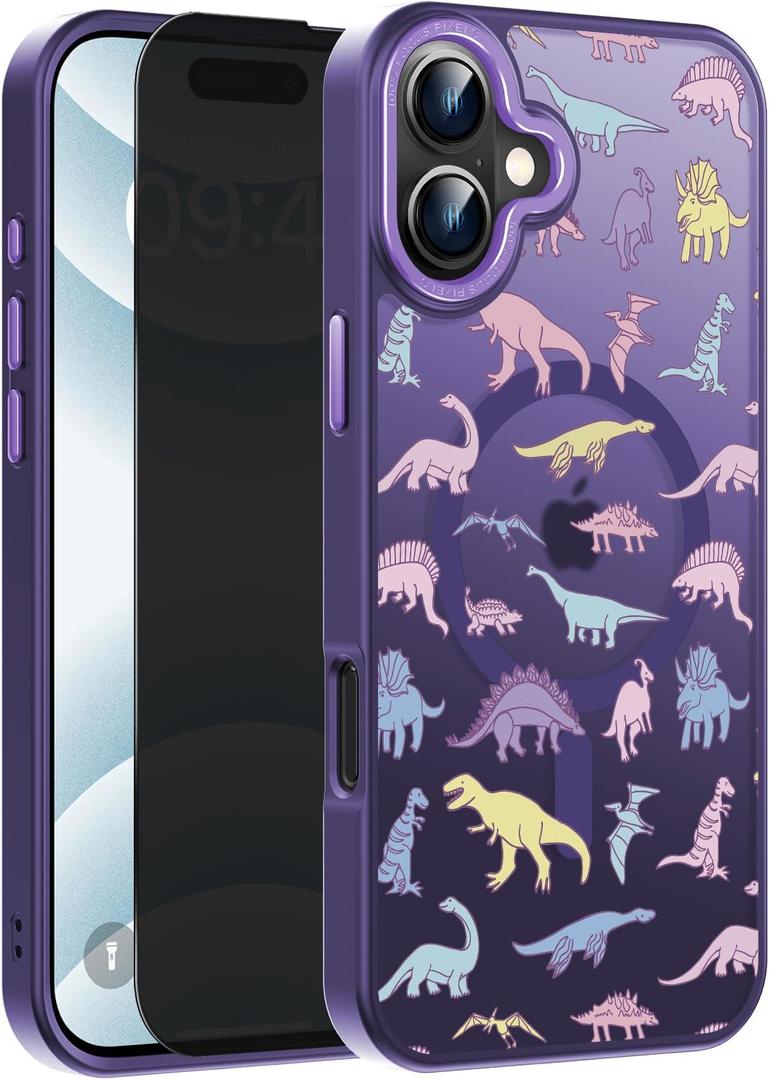 FUNMIKO for iPhone 16 Plus Case with Privacy Screen Protector, Wireless Charging Compatible, Shockproof Translucent Matte Cover - Cute Floral Design Phone Case for Women Girls - Dinosaurs