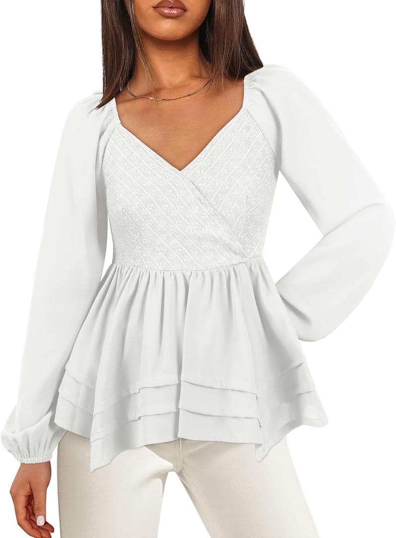 Angashion Women Tops Long Sleeve V Neck Peplum Blouse Dressy Casual Flowy Ruffle Babydoll Shirts (White)