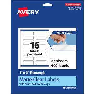 Avery Matte Clear Rectangle Labels, Sure Feed Technology, 1" x 3", 400 Matte Clear Labels, Print-To-The-Edge, Laser/Inkjet Printable