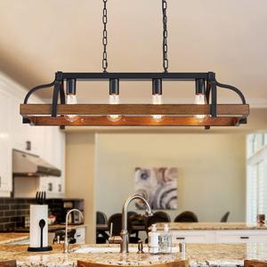 WUZUPS 4-Light Metal Pot Hanging Rack Chandelier Imitation Wood Grain Linear Pendant Ceiling Lighting Rustic Farmhouse Fixture Kitchen Island Dining Room, H 9.8" x L 34.6" x W11.8, E26 Base, Black
