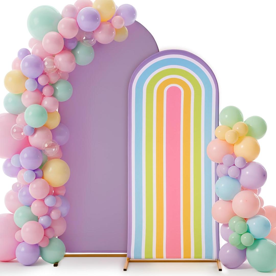 7.2 ft + 6 ft Rainbow Arch Backdrop Stand Covers Pastel Background Arched Stretchy Fabric Backdrop Cover for Boho Dasiy Birthday Party Wedding Baby Shower Decoration(Purple Rainbow)