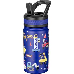 Fanhaw 14 Oz Kids Insulated Water Bottle with Straw - Stainless Steel Double Wall Vacuum Cup, Leakproof, BPA Free, Suitable for Boys and Girls(Blue - Under Construction)