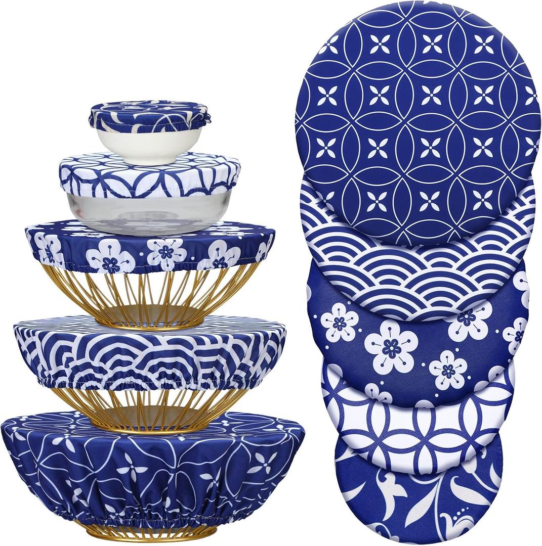 Patelai 10 Pcs Bowl Covers Reusable in 5 Size Stretch Cloth Fabric Elastic Food Storage Bowl Covers Bread Sourdough Lids for Proofing Food Fruits Leftover(Blue White,Stylish Style)