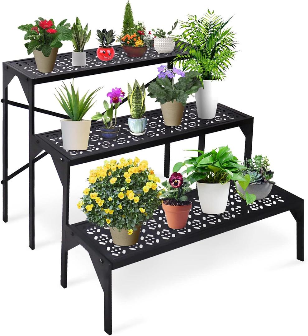 aboxoo 3 Tiers Metal Plant Stand, Ladder Flower Pots Holders, Step Display Rack, Heavy Duty Utility Storage Organizer Rack for Home Garden Patio Balcony, Stair Style Stand