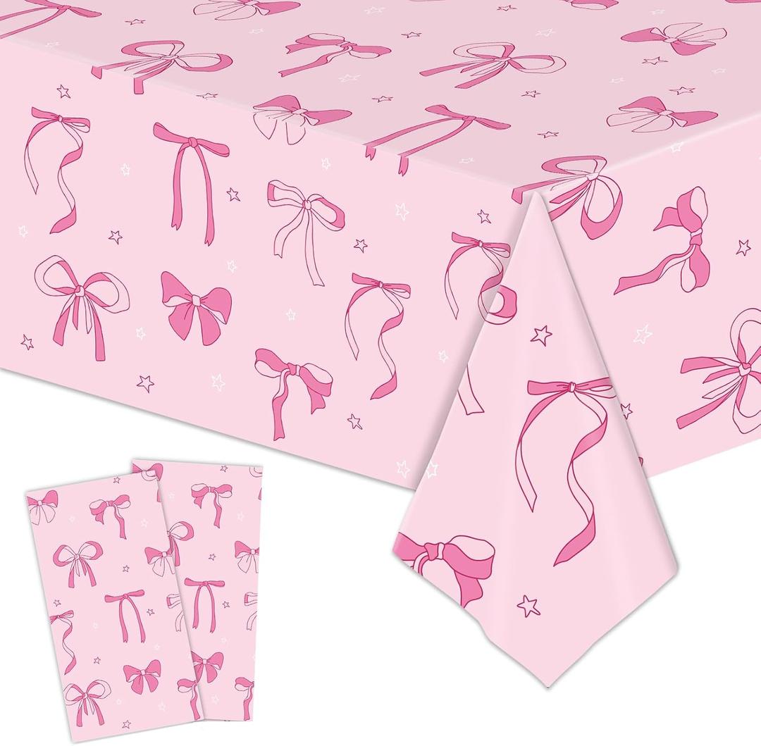 2 Pack Pink Bow Tablecloth Coquette Birthday Decorations 54 x 108 Inch Large Size Plastic Table Cover for Girls Bow Themed Birthday Baby Shower Party Decor(Pink)