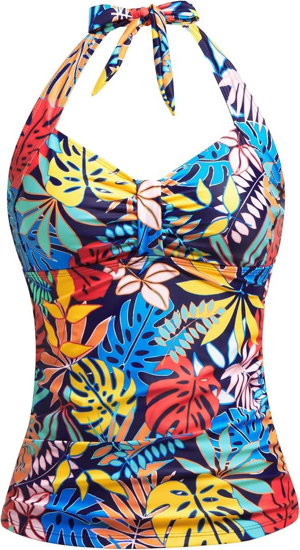 Women Tankini Bathing Suit Top Only - Halter Swimsuit Top Tummy Control Swimwear Swim Tank Top Only No Bottom 2025 (Large, Colorful Leaves)