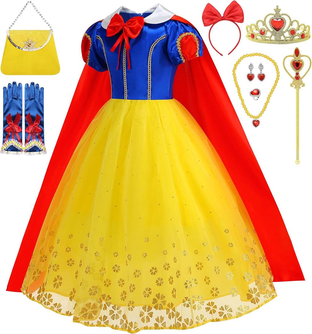 Princess Costume Dress for Girls Princess Dress Up Costume Birthday Party Halloween Cosplay with Accessories (7-8 Years, Yellow)