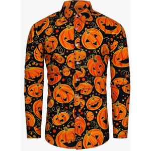 TUNEVUSE Men Halloween Shirts Adult Pumpkin Print Long Sleeve Casual Button Down Shirt Costumes Size 3XL