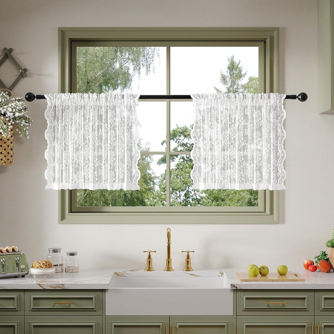 Anmao Vintage Lace Kitchen Curtains 24 Inches Long 2 Panels, Romantic Semi Sheer Floral Over Sink Lacy Cafe Curtain, Elegant Window Short Small Drapes, 55W x 24L, Pure White
