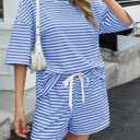 Fisoew Womens Striped 2 Piece Outfits Sweatsuits 3/4 Sleeve Oversized Tops High Waisted Shorts Casual Lounge Sets (Blue, Large)