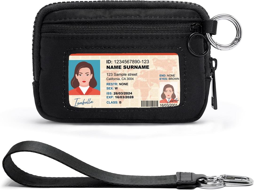 YDF The Iris Wallet for Women Mini Zip Card Case with Clear ID Window Zipper Coin Purse Lightweight Portable Keychain Wallet (Black)