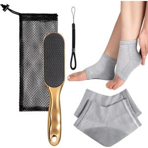 Nano Glass Beyond the Cream Foot File, Callus Remover for Feet with Foot Masks Moisturizing Silicone Gel Heel Socks, Foot Care Kit, Cracked Heel Treatment, Self Care Spa Gifts for Women/Seniors-Golden