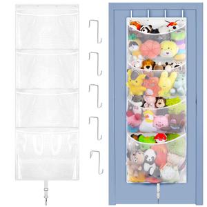 Hanging Stuffed Animal Storage, Over Door Large Plush Toy Organizer with Metal Hook, Baby Accessory Holder Idea for Nursery, Doll & Bear Mesh Hammock Bag for Girl Boy Kid Room (White)