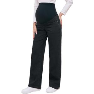fitglam Women's Maternity Jeans Straight Leg Relaxed Fit Over Belly Pregnancy Denim Work Pants Maternity Clothes with Pockets, Size Medium 