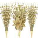 24 Pack Artificial Glitter Berry Stem Ornaments - 17.5 Inch Fake Christmas Picks Decorations with Poinsettia Flowers, Bead Sticks for DIY Christmas Tree, Wreath, Wedding & Small Vase Decor (Gold)