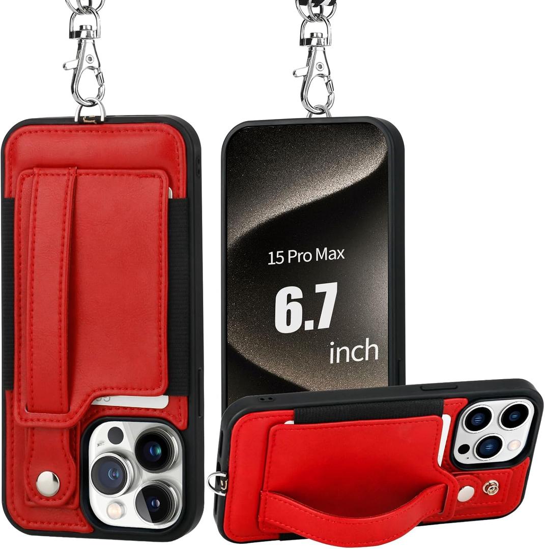 TOOVREN Phone Cover Compatible with iPhone 15 Pro Max Case with Wallet Strap Card Holder Stand Leather Cover Fits iPhone 15 Pro Max Wallet Case Lanyard for Women & Men 6.7 Inch Red