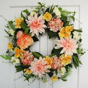 24 Inch Large Spring Summer Wreaths for Front Door, Luxury Handmade Tropical Wreath with Dahlia Peony Hydrangea Flower, Artificial Floral Wreaths for Porch Wall Window Farmhouse Decor (Pink Peach Yellow)