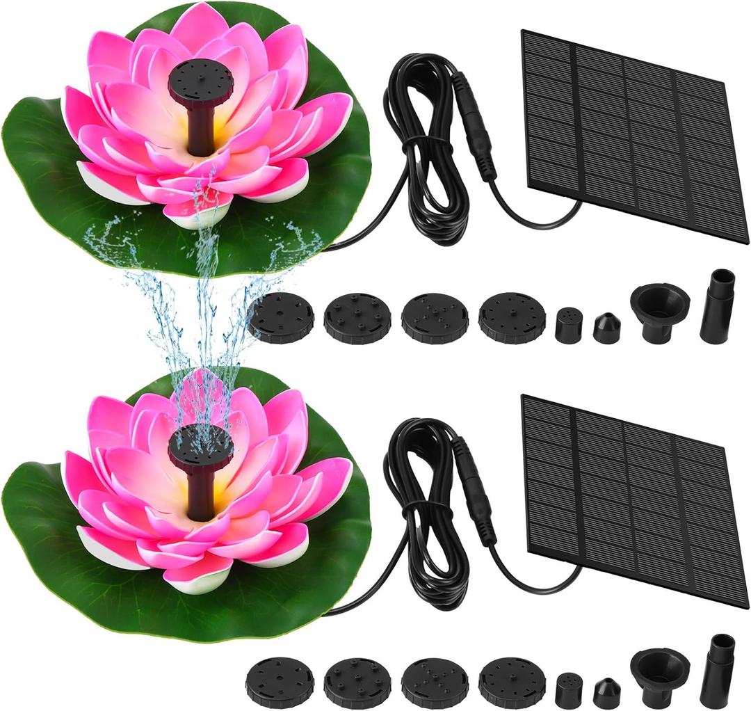 2 Pcs Solar Water Fountain, Water Lily Solar Fountain for Bird Bath, Garden Decor Solar for Bird Bath Outside Pond and Backyard, 6 Nozzles