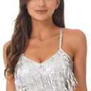Moily Women's Strappy Sparkling Sequins Tassels Bra Top Crop Camisole Raves Belly Dance Club Wear (Medium)