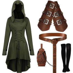 Suhine 5 Pcs Mardi Gras Renaissance Women Costume Medieval Hooded Robe Vintage Faux Leather Arm Pouch Belt (Large, Dark Green)