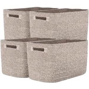 Storage Baskets for Organizing, 14 x 10 x 9” Closet Shelf Woven Baskets, Square Bins with Handles, Cotton Rope Basket for Clothes, Office, Room, Brown 4 Pack