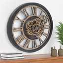 HOIBAI Large Wall Clock, Wall Clocks for Living Room Decor 20 Inch Farmhouse Vintage Rustic Kitchen Wall Decor Vintage Roman Oversized Wall Clock for Home Bedroom House Office, Moving Gears Clock (Retro Black With Bronze Gears)