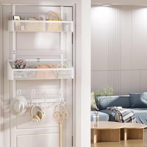 Upesitom Over Door Hook Organizer 12 Hook Over The Door Organizer with 2 Mesh Baskets - Back of Door Storage Towel Rack Space Saving Storage Organizer for Bedroom, Bathroom, Kitchen, Pantry, White