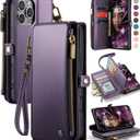 Defencase Compatible with iPhone 16 Pro Case Wallet with RFID Blocking Card Holder for Women Men, Soft PU Leather Magnetic Snap Flip Zipper Strap Wallet Phone Case Fit for iPhone 16 Pro 6.3", Purple