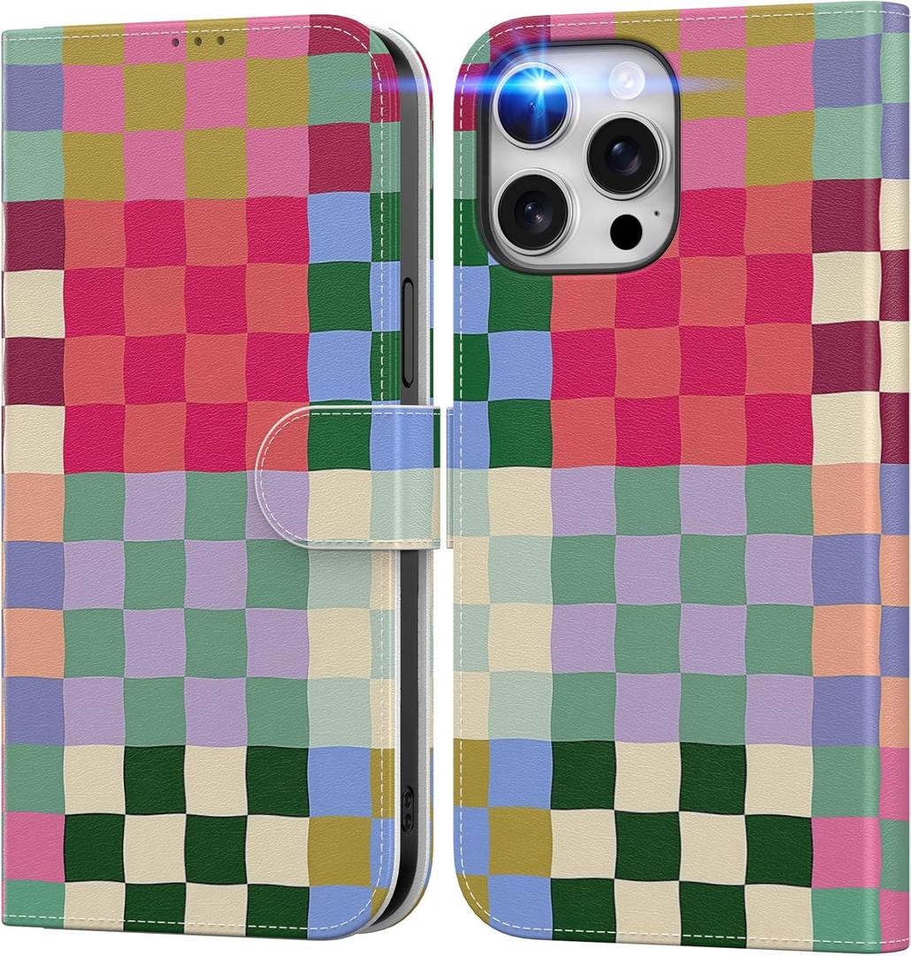 DEENAKIN for iPhone 14 Pro Wallet Case with Card Holder + Cash Clip, RFID-Blocking, Military-Grade Drop Protection & UV-Printed Artwork, Magnetic Closure with Leather Stand - Patchwork Checkerboard
