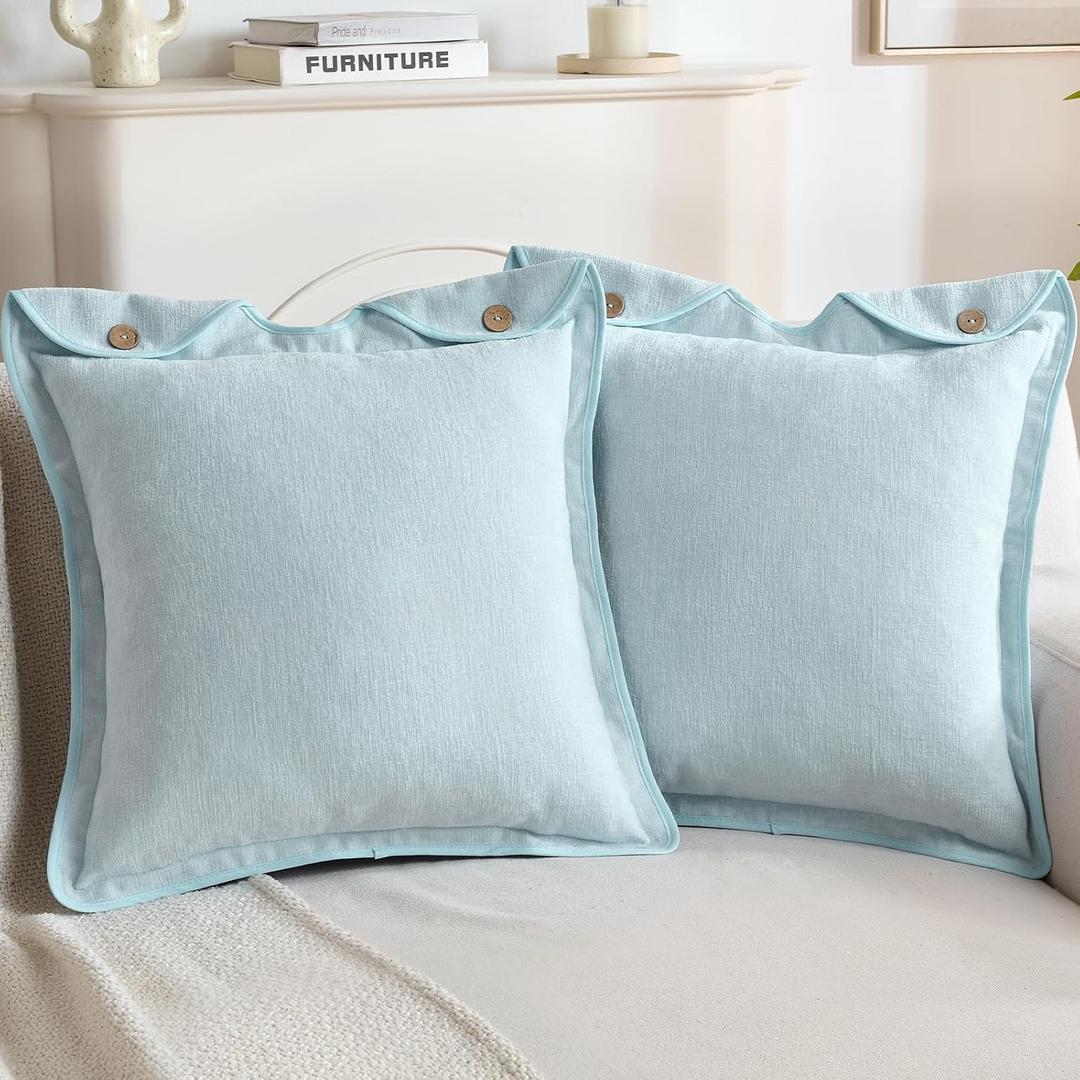 FUTEI Pack of 2 Chenille Buttons Throw Pillow Covers 18x18 Inch Soft Piped Edges Decorative Cushion Case Neutral Farmhouse Accent for Couch Living Room, Light Blue
